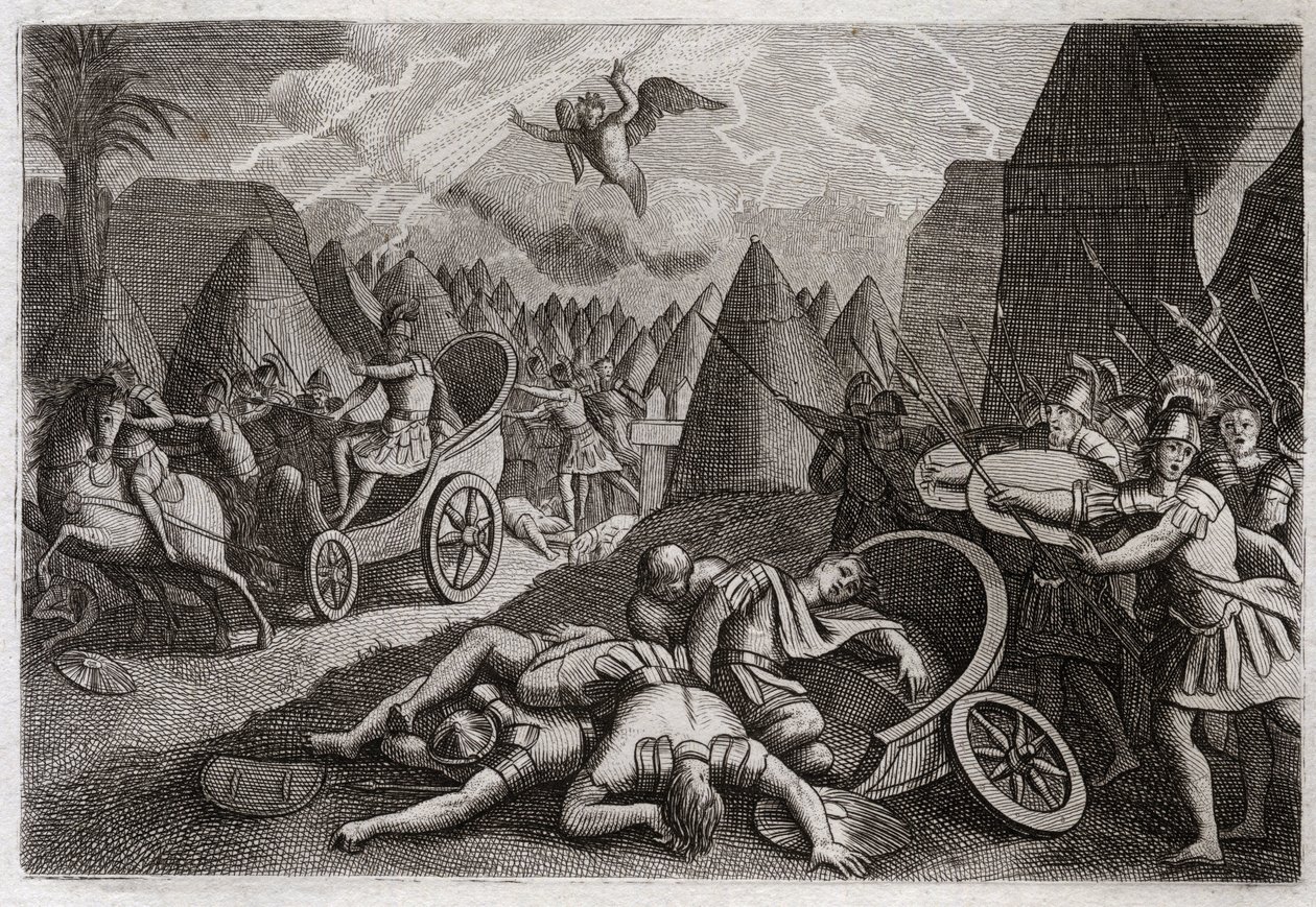 Bíblia de Royaumont, Velho Testamento: A derrota de Sennacheribe. Deus derrotou o exército de Senaqueribe (Sancheribe) em favor do rei Ezequias por um anjo que matou cento e oitenta e cinco mil homens em uma noite. Ilustração de 1811. de Unknown artist