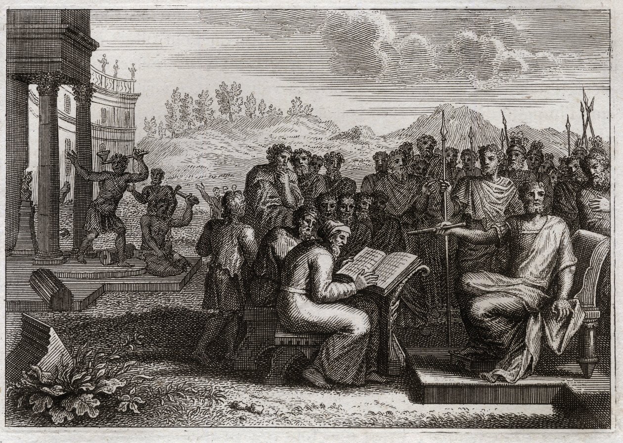 Bíblia de Royaumont, Velho Testamento: Piete de Josias. Josias, rei de Judá, restaura a adoração de Deus em seu reino, e passa por virtude todos os reis seus predecessores. Ilustração de 1811. de Unknown artist