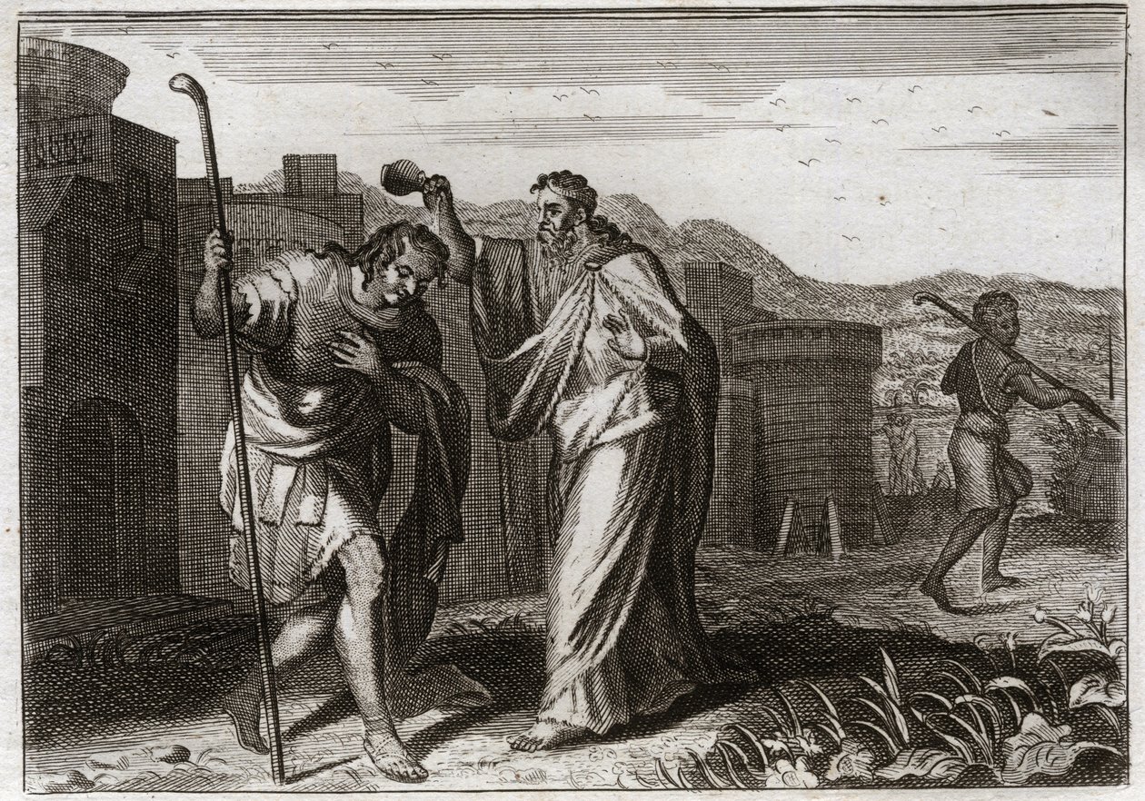 Bíblia de Royaumont, Velho Testamento: Rito de Saul. Samuel, por ordem de Deus, sagrado Saul para ser Rei dos Judeus. Ilustração de 1811. de Unknown artist