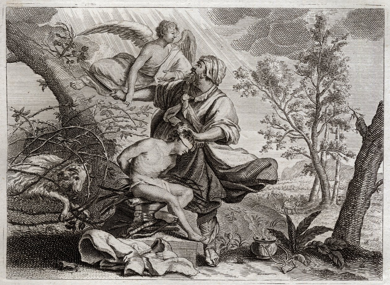 Bíblia de Royaumont, Velho Testamento: Sacrifício de Abraão. Um anjo segura a mão de Abraão antes do sacrifício de seu filho Isaque. À esquerda, o mais fiel de Abraão matará em seu lugar. Ilustração de 1811. de Unknown artist
