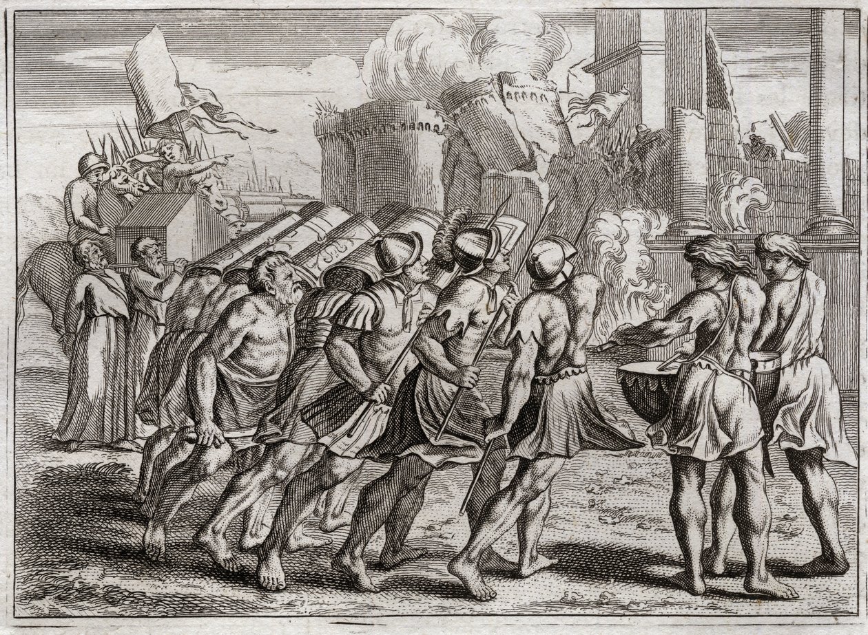 Bíblia de Royaumont, Velho Testamento: Tirada de Jericó. Os Muros de Jericó caem no chão ao som das trombetas dos Sacerdotes que precederam a Arca da Aliança do Senhor. Ilustração de 1811. de Unknown artist