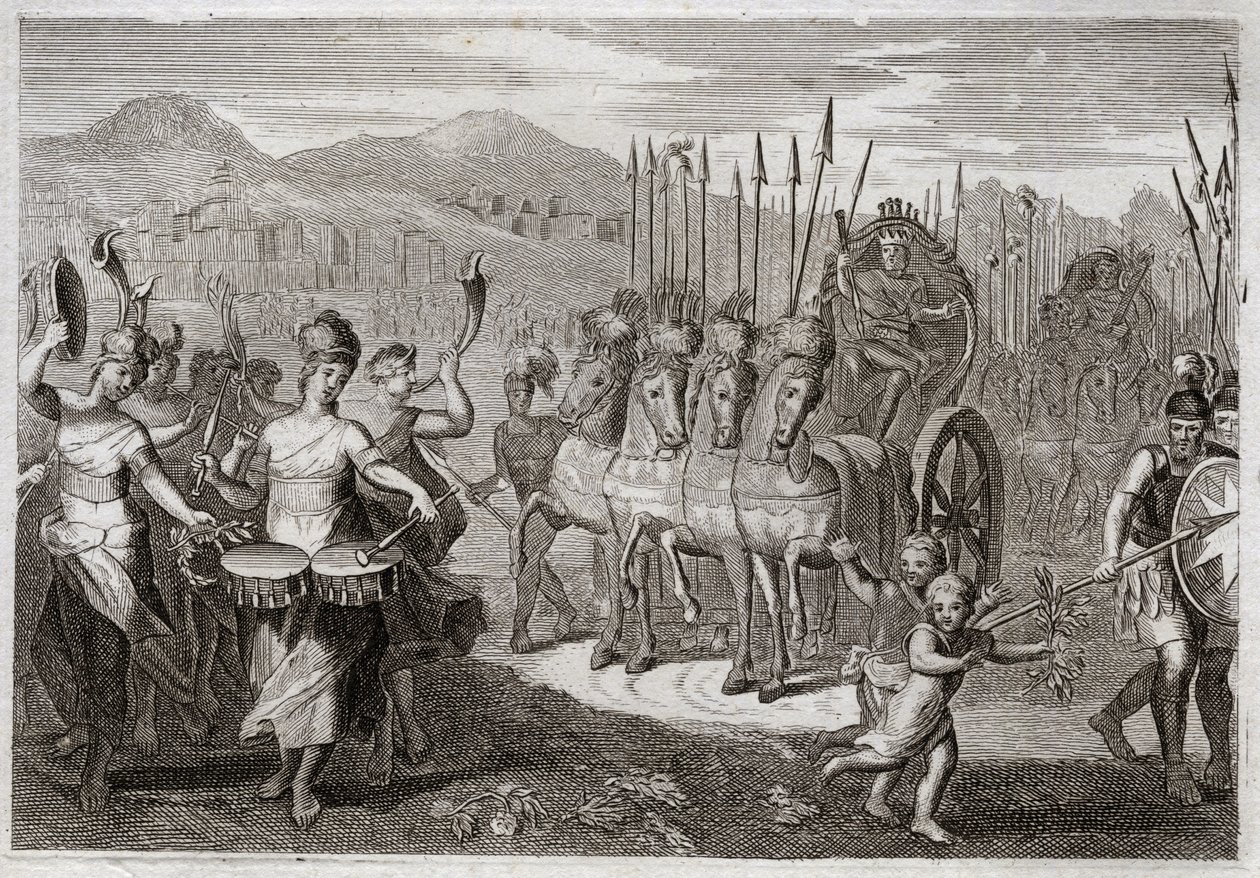 Bíblia de Royaumont, Velho Testamento: O Triunfo de David. Depois que Davi derrotou o Golias Gigante, as mulheres de Israel foram antes dele para honrar o seu triunfo, com cânticos de alegria e o som dos instrumentos. Ilustração de 1811. de Unknown artist