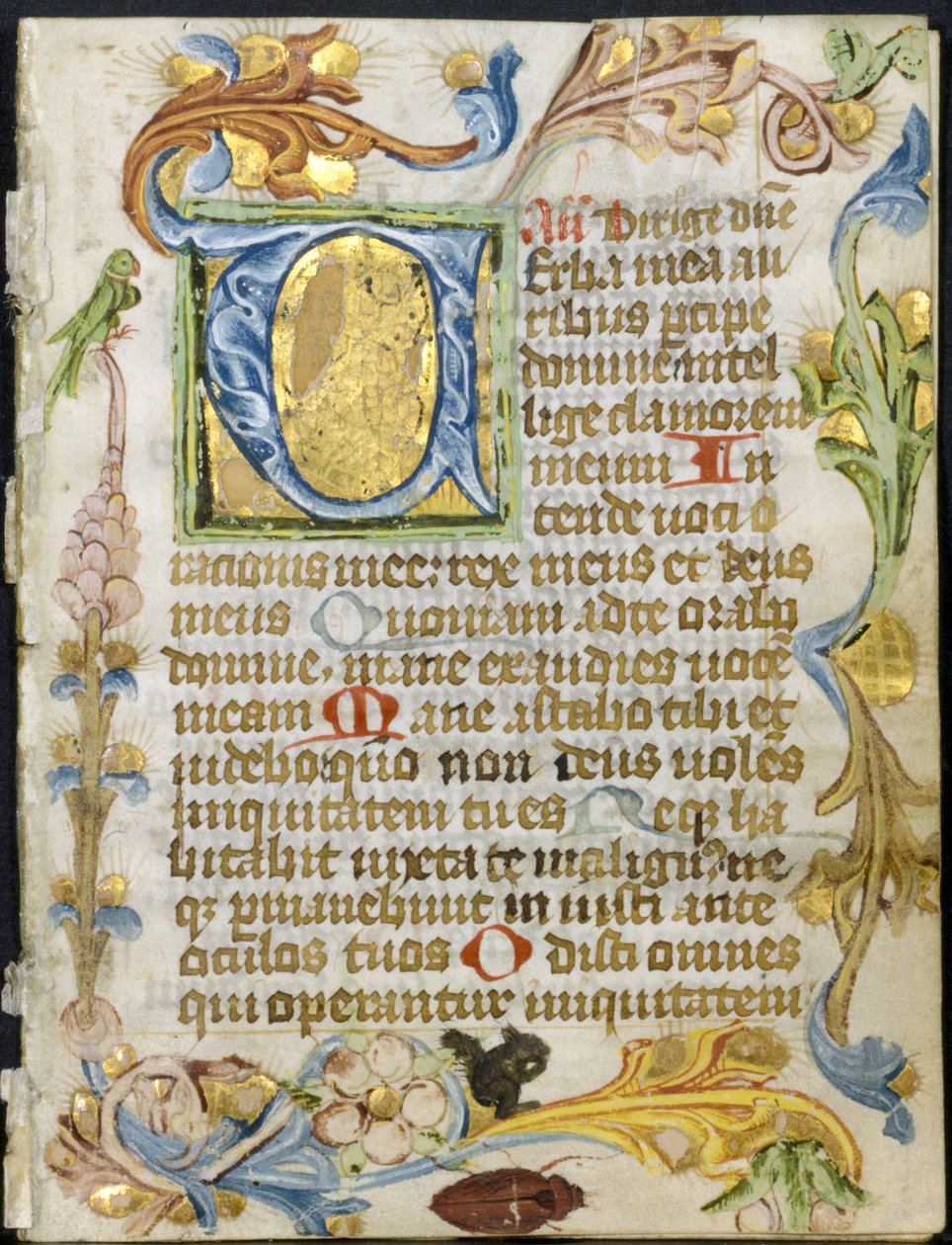 Bifolio de um livro de horas: V inicial com borda floral de Unknown artist