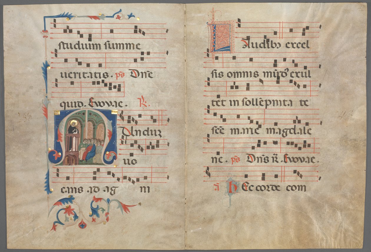 Bifolium de um antifonário: M inicial com pregação e música de São Domingos de Unknown artist
