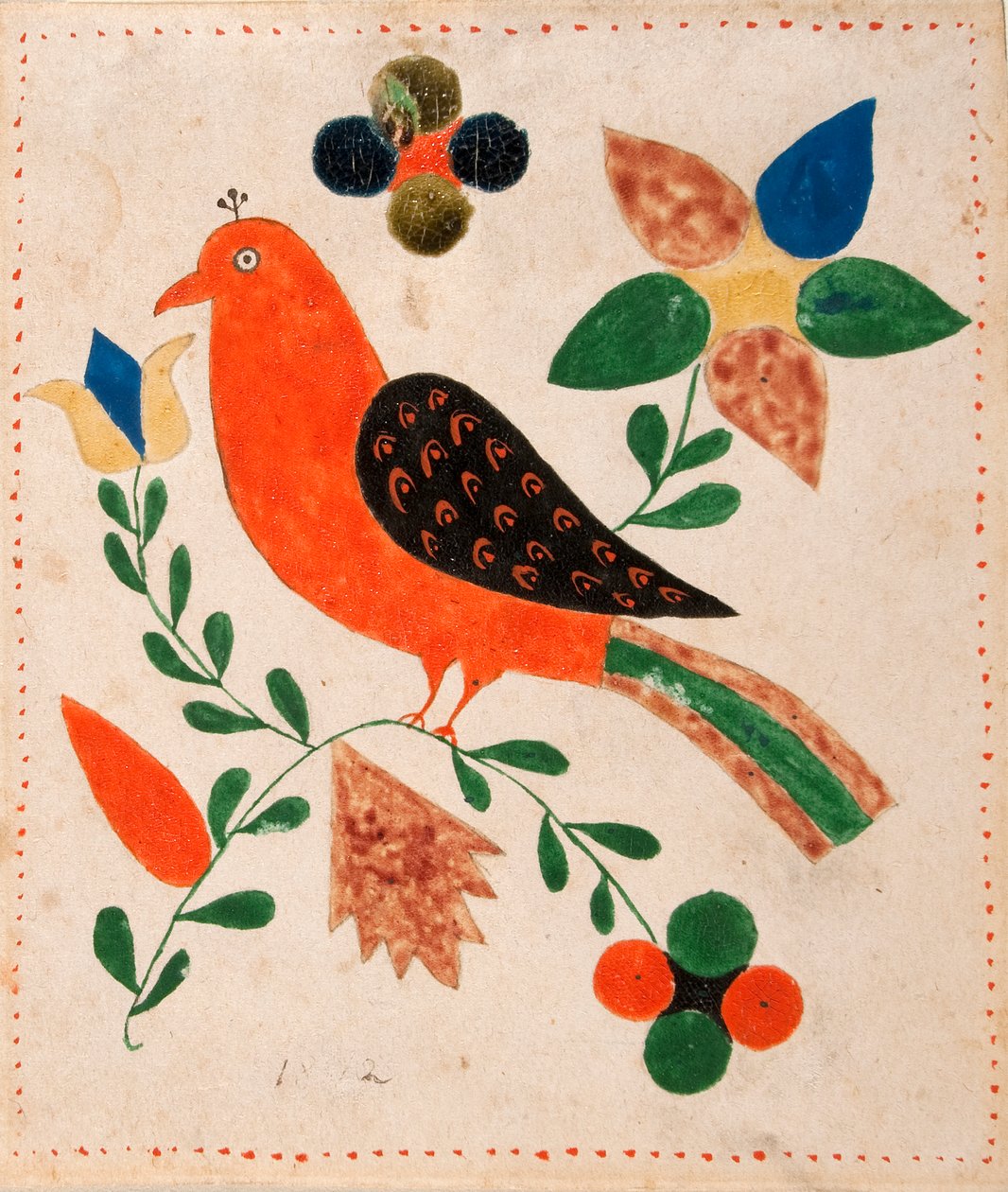 Pássaro virado para a esquerda no galho florido de Unknown artist