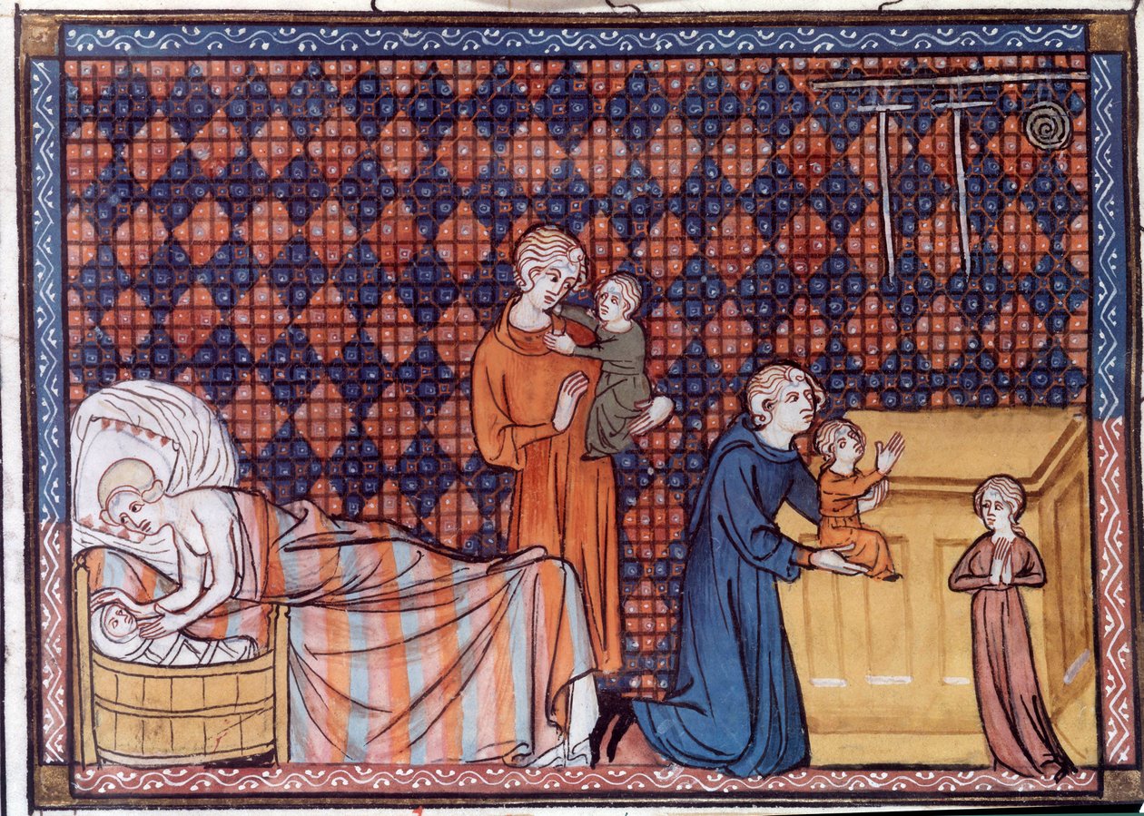 Nascimento e educação do Rei da França Luís IX ou São Luís (1214-1270). Miniatura do manuscrito "Vida e Milagres de São Luís" de Guilherme de Saint Pathus de Unknown artist