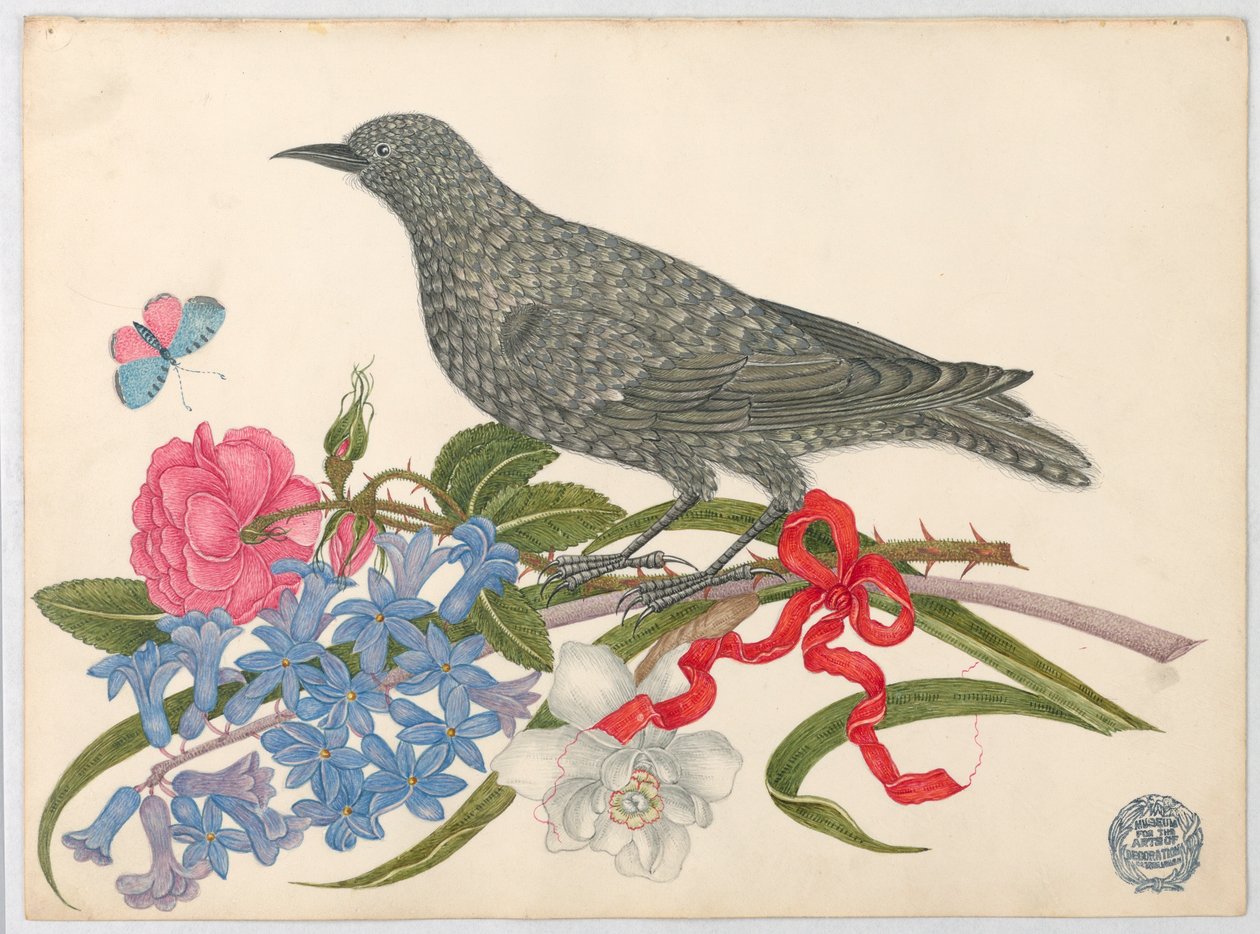 Pássaro preto com flores, borboleta e fita vermelha de Unknown artist