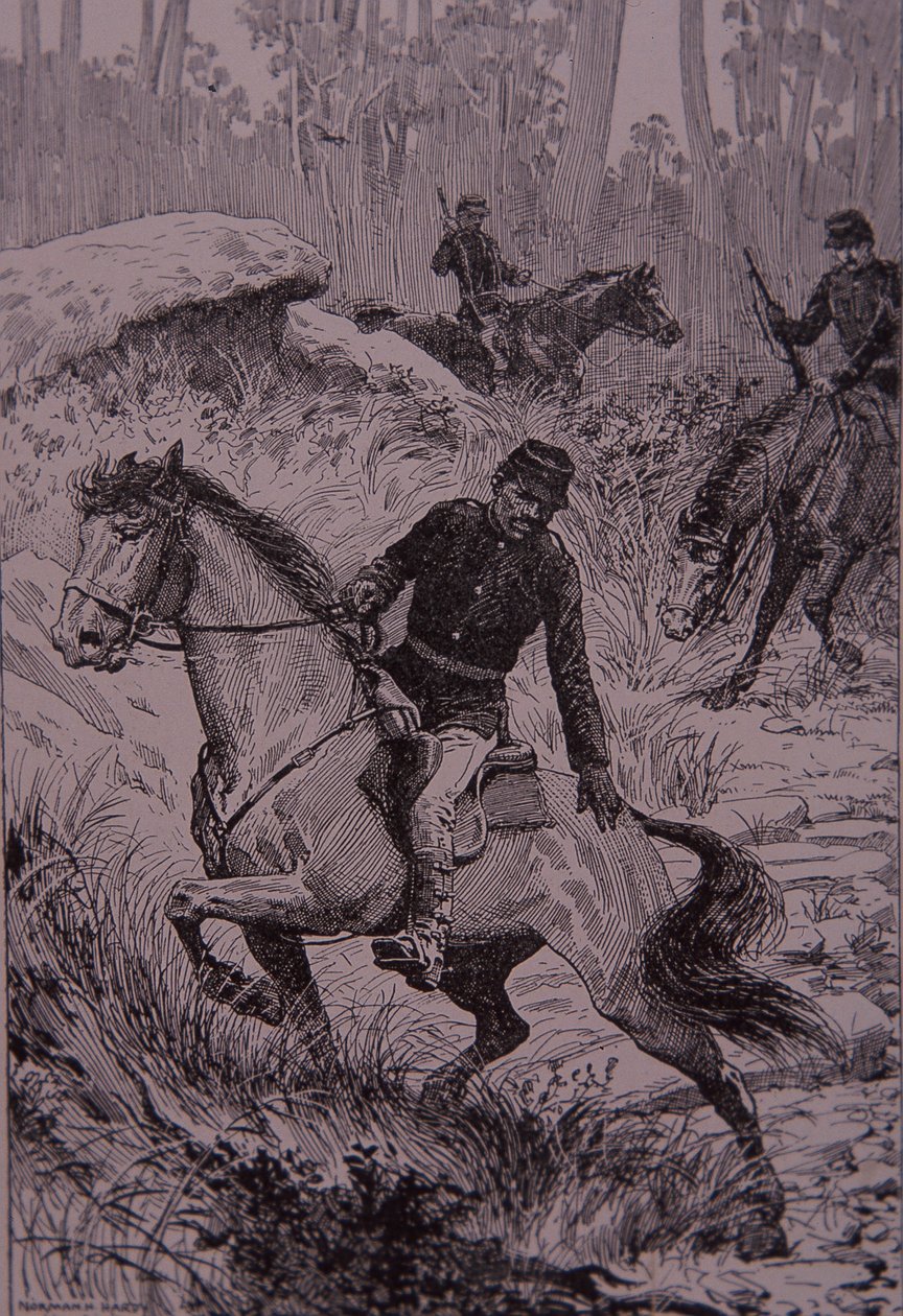 Black Trackers perseguindo bushrangers na Austrália (gravura) de Unknown artist