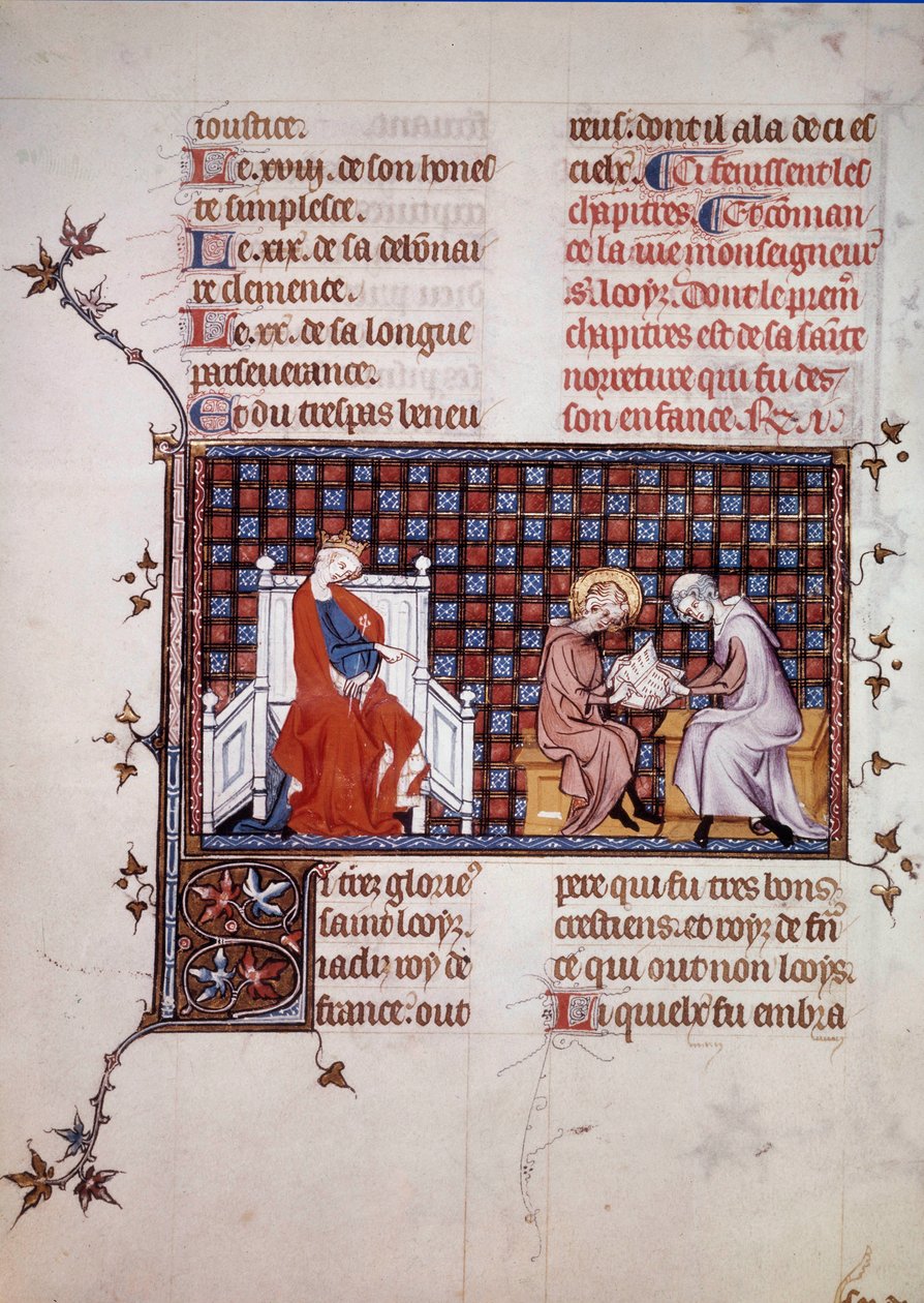 Blanche de Castille, Rainha de França (1188-1252), dirigindo a educação de seu filho Luís IX (1214-1270) (Saint Louis Miniature de um manuscrito "Vida e Milagres de Saint Louis", de Guilherme de Saint Pathus. 1320. Paris, B.N. de Unknown artist