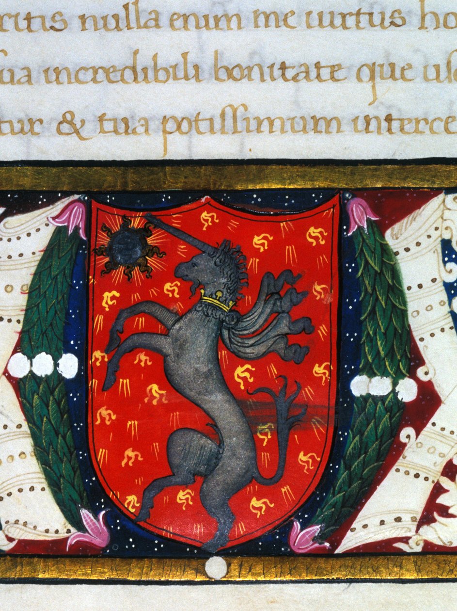 Blazon decora um unicórnio, uma estrela sobre um fundo vermelho. Detalhe de uma miniatura. Século XIV de Unknown artist