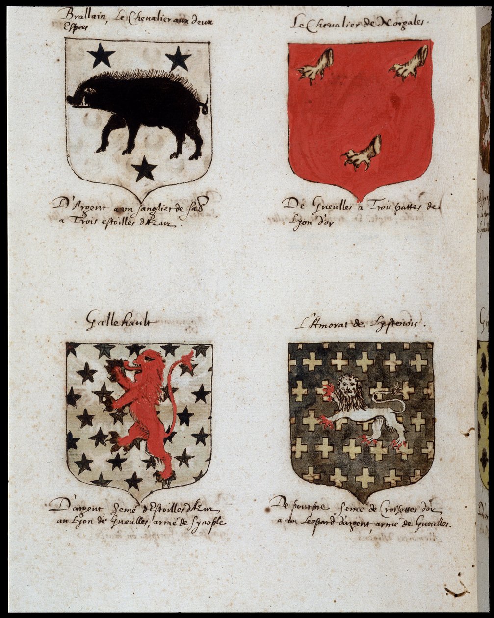 Blazons of Knights of the Round Table: 1. Brallain, o cavaleiro com dois baloiços, 2. O Cavaleiro de Norgales, 3. Gallehault, 4. O amor de Lystenois. sd. Século XIX. de Unknown artist