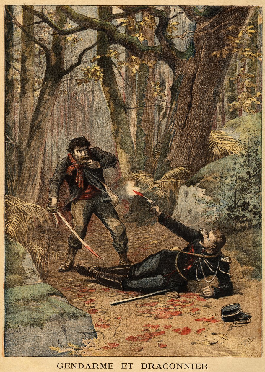 Uma luta sangrenta entre um caçador furtivo e um policial nas proximidades de Bezier. Gravação no "Le petit journal" 10/03/1895. A colecção da Selva. de Unknown artist