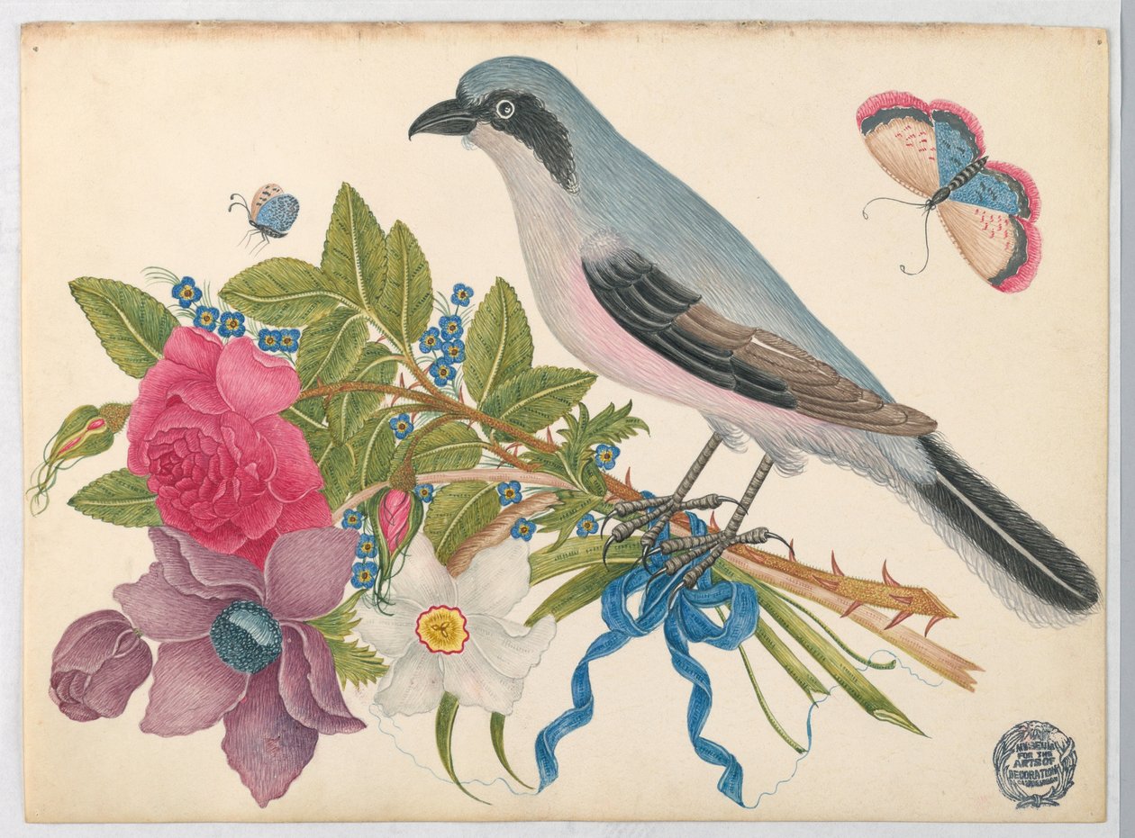 Pássaro azul no buquê de rosas e tulipas, com borboletas de Unknown artist