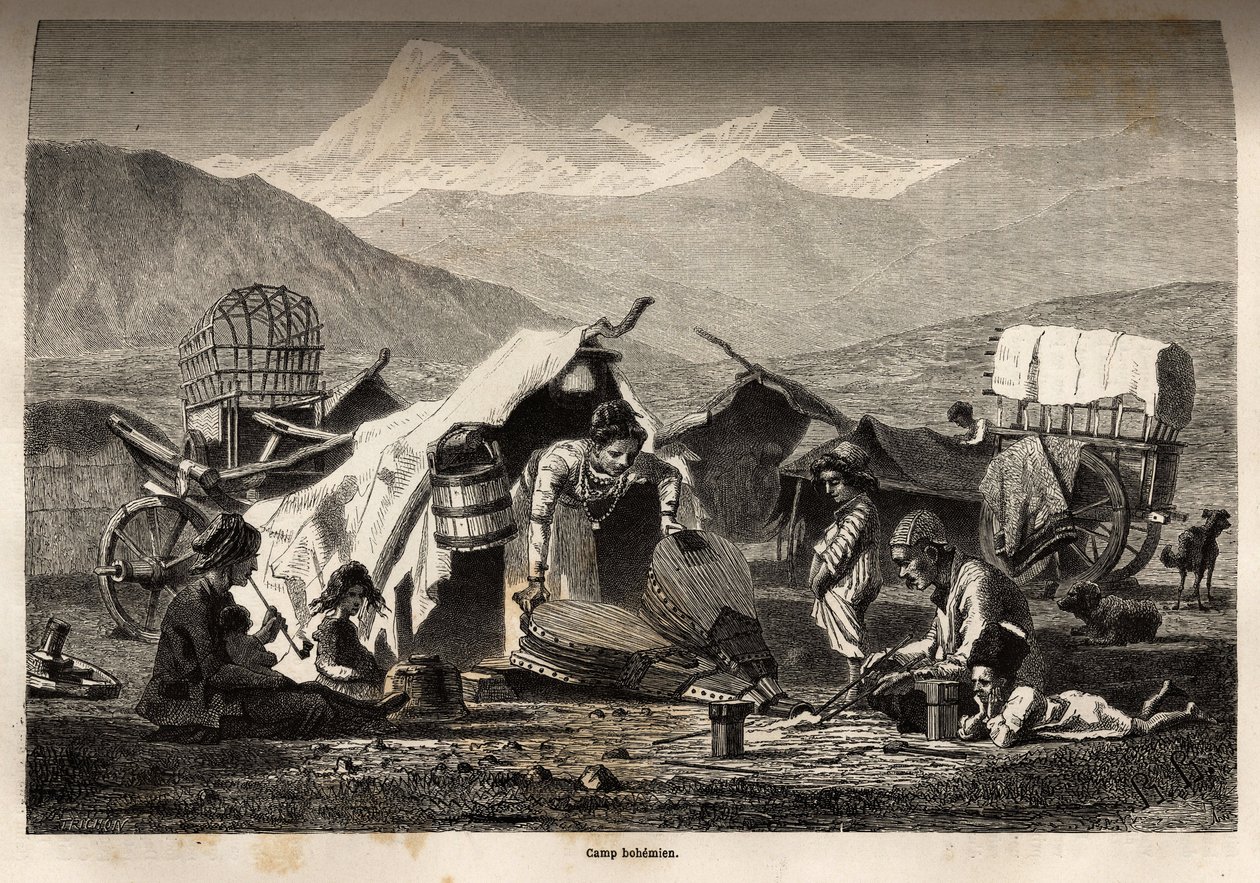 Acampamento boémio. Gravura para ilustrar a viagem nas províncias do Cáucaso, por Basile Vereschaguine, em 1864-1865, publicada na "Le tour du monde, nouveau journal des voyages", editada por Edouard Charton de Unknown artist
