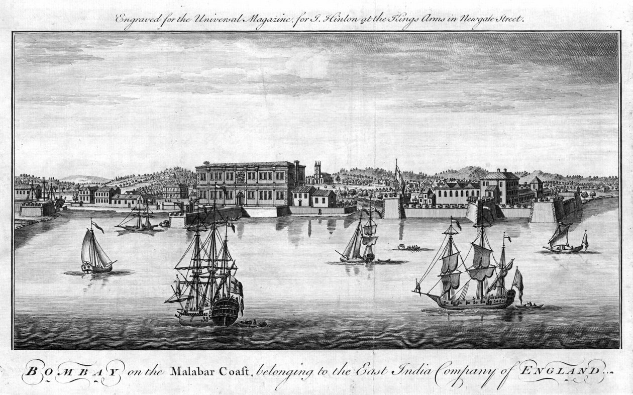 Bombay, o porto da Companhia das Índias Orientais da Inglaterra na costa de Malabar na Índia, com navios comerciais da Companhia em primeiro plano e armazéns e edifícios de cais atrás. Gravura em placa de cobre, Londres de Unknown artist