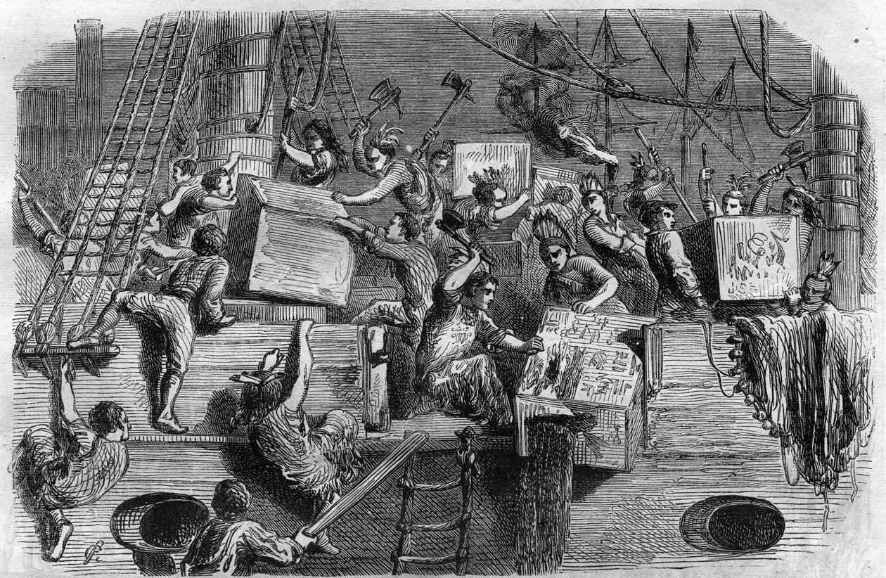 Festa do chá de Boston. Guerra da Independência dos EUA: revolta dos colonos americanos (de origem britânica) contra os impostos impostos impostos pelo Parlamento inglês sobre o chá e outros produtos alimentares. Eles se disfarçam de índios e jogam a carga de Unknown artist