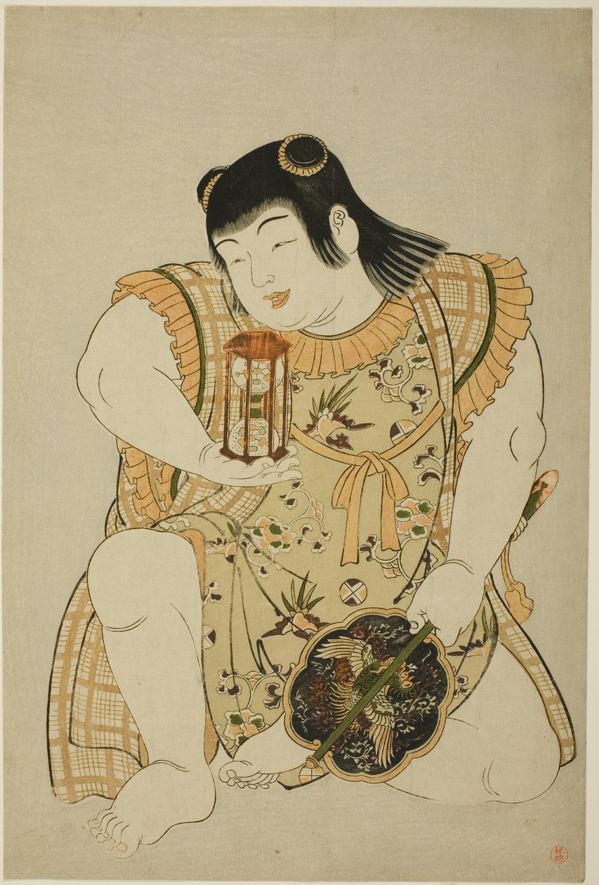 Rapaz segurando uma ampulheta e um leque chinês de Unknown artist