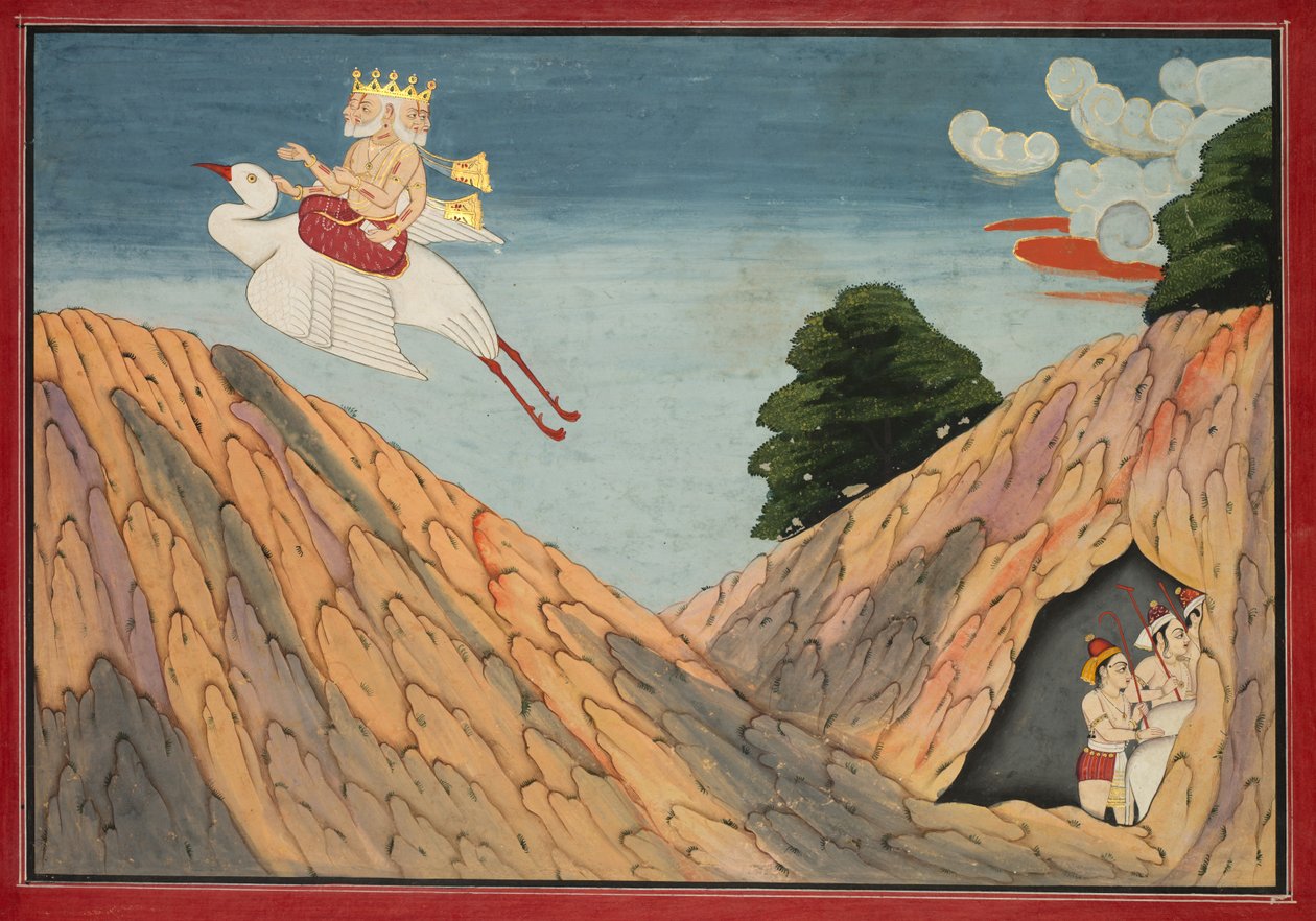 Brahma esconde os vaqueiros e os bezerros na caverna, página de um Bhagavata Purana de Unknown artist