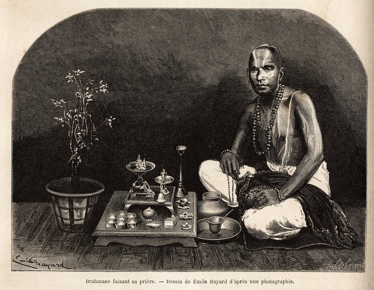 Brahmane ajoelha-se diante do altar de oferendas, rezando. Gravura para ilustrar a viagem nas províncias meridionais da Índia, de Alfred Grandidier, em 1862-1864, publicada em "le tour du monde", editada por Edouard Charton, Hachette, Paris 1869.Selva C de Unknown artist