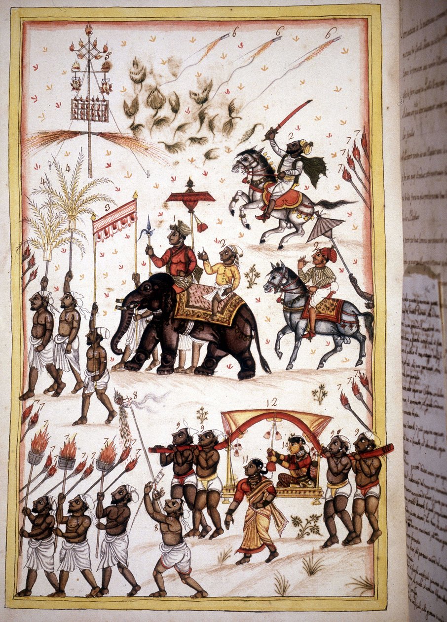 Procissão nupcial dos cônjuges de alta classe social - Página do manuscrito (ms.8300) "História de Mogol" (Moghul ou Moghol) de Stefano Nivibus Cardeira. Século XVIII. Bibloteca marciana, Veneza de Unknown artist