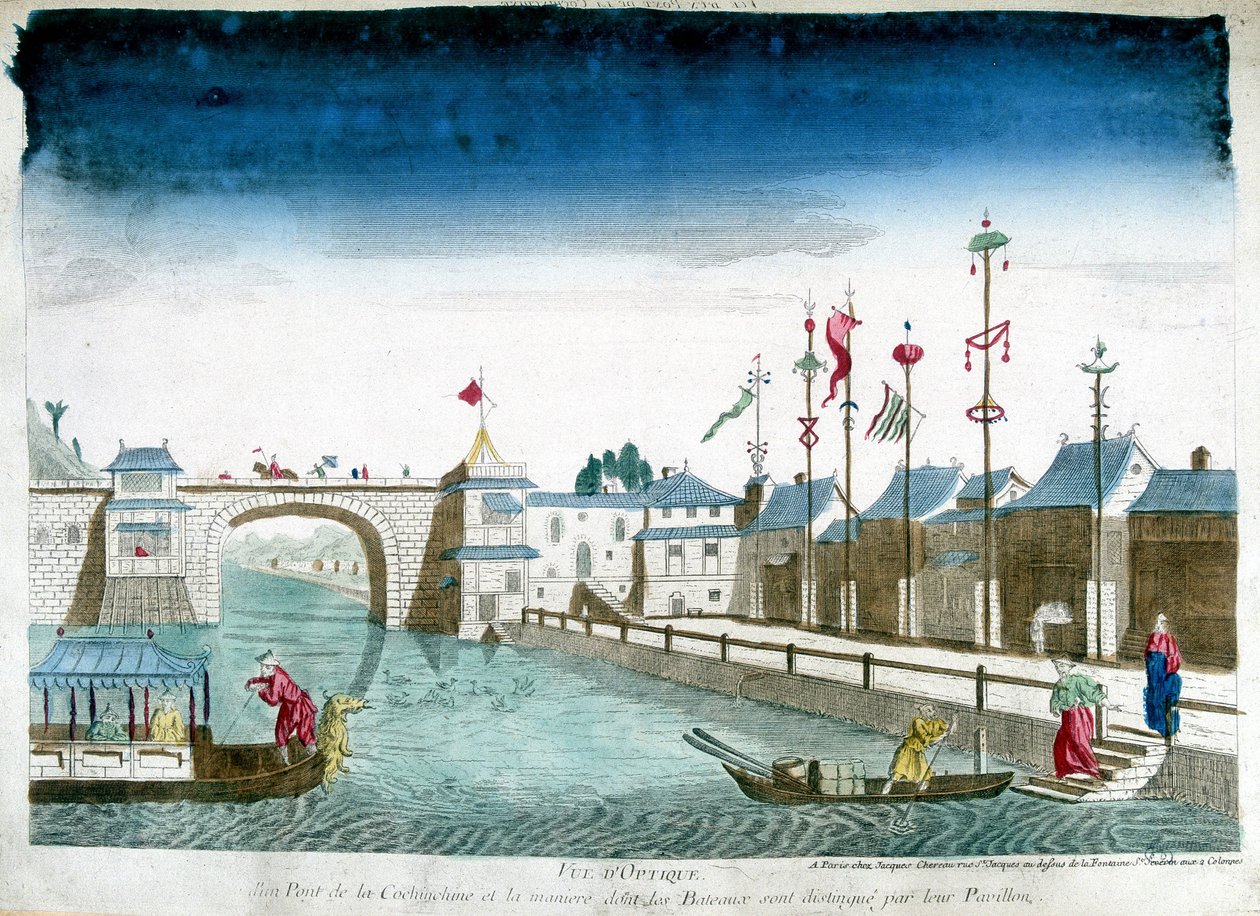 Ponte de Cochinchine e barcos são distinguidos deixando os pavilhões. Gravura do final do século XVIII de Unknown artist