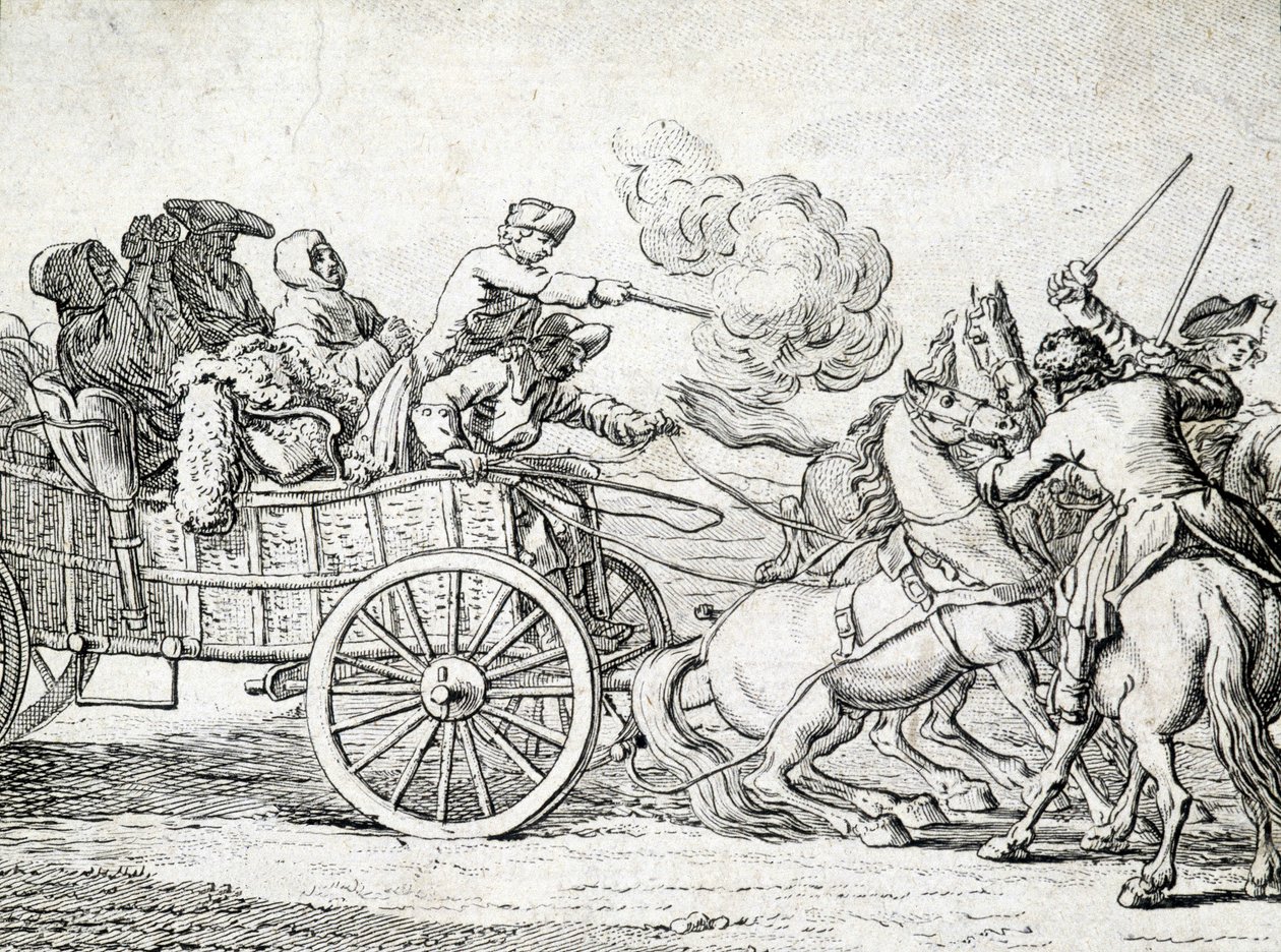 Brigands a atacar passageiros numa carroça. Gravação por um anónimo do século XVIII. de Unknown artist