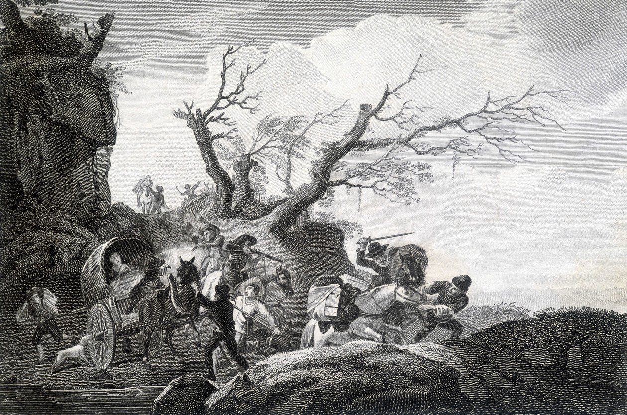 Brigands a atacar viajantes numa estrada rural. Gravação de um anônimo do século 18. de Unknown artist