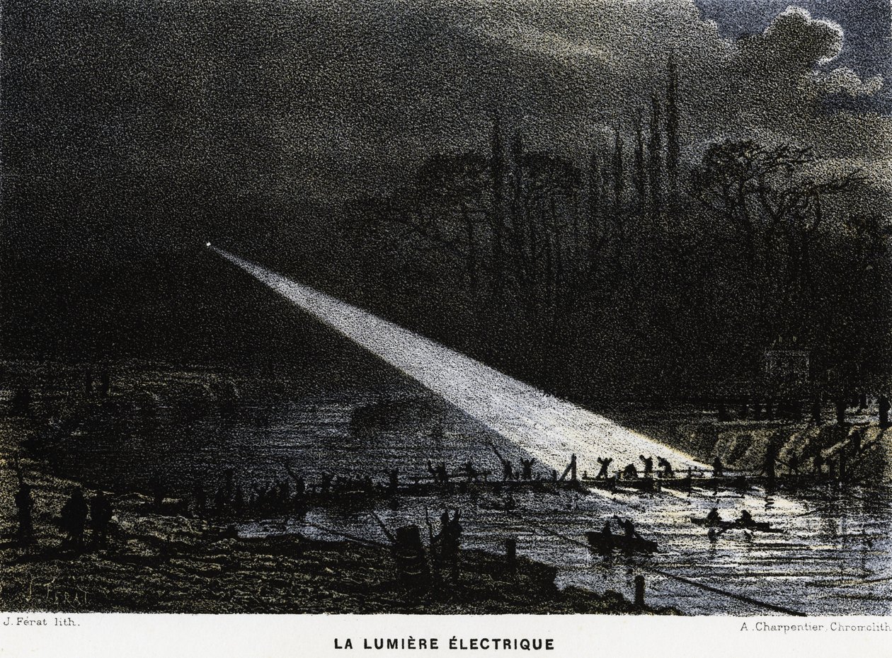 Construção de defesas ao longo do Sena, à noite, utilizando arco de luz. Verruga franco-prussiana de Unknown artist