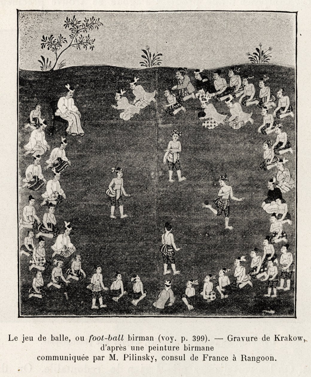Futebol birmanês ou jogo de bola. Gravura de Cracóvia para ilustrar a história "Quinze dias na Birmânia", de E.Cavaglion, em 1886, em Le tour du Monde 1892, dirigido por Edouard Charton (1807-1891), Hachette, Paris. de Unknown artist