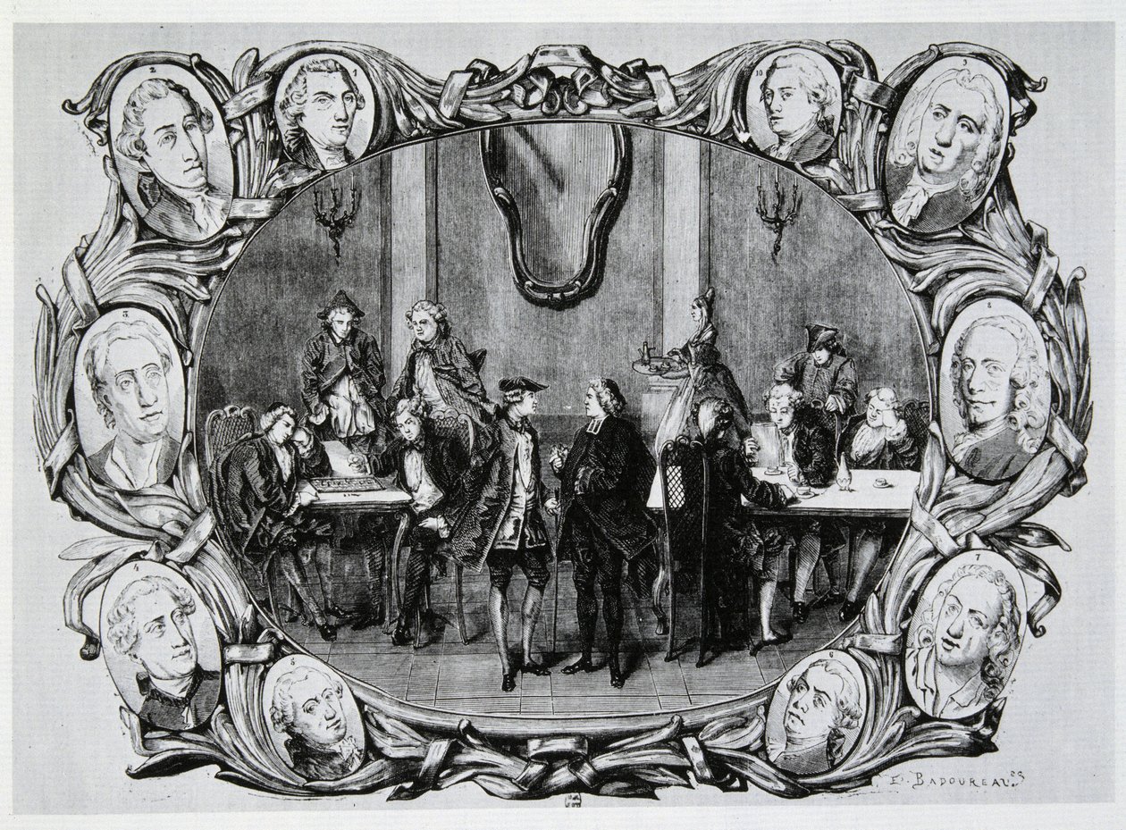 Café Procope em Paris no século XVIII com Buffon, Gilbert, Diderot, D