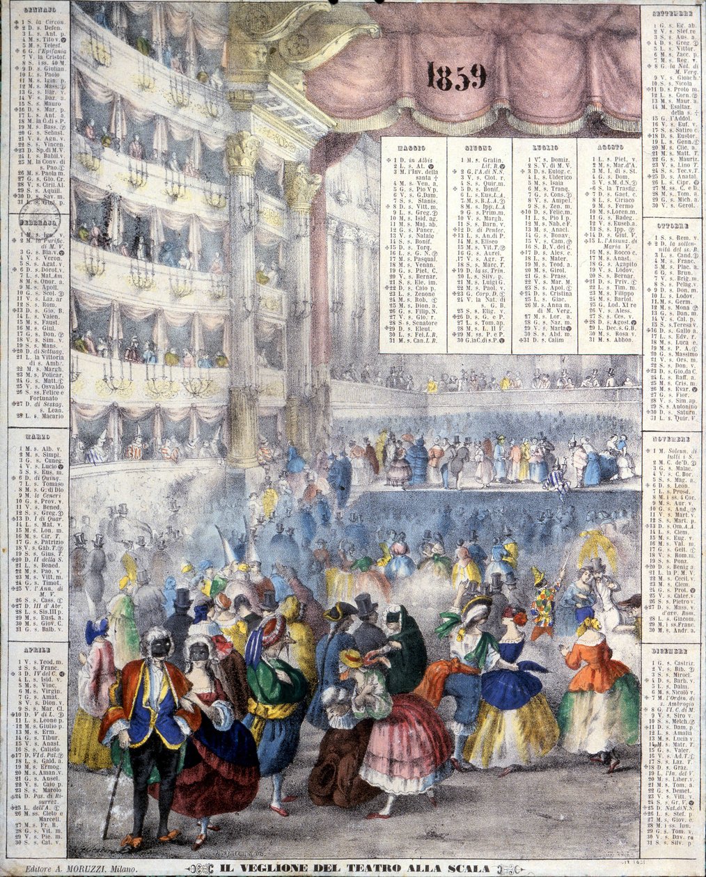 Calendário de 1859 representando uma noite de Carnaval no Teatro alla Scala, em 1859. de Unknown artist