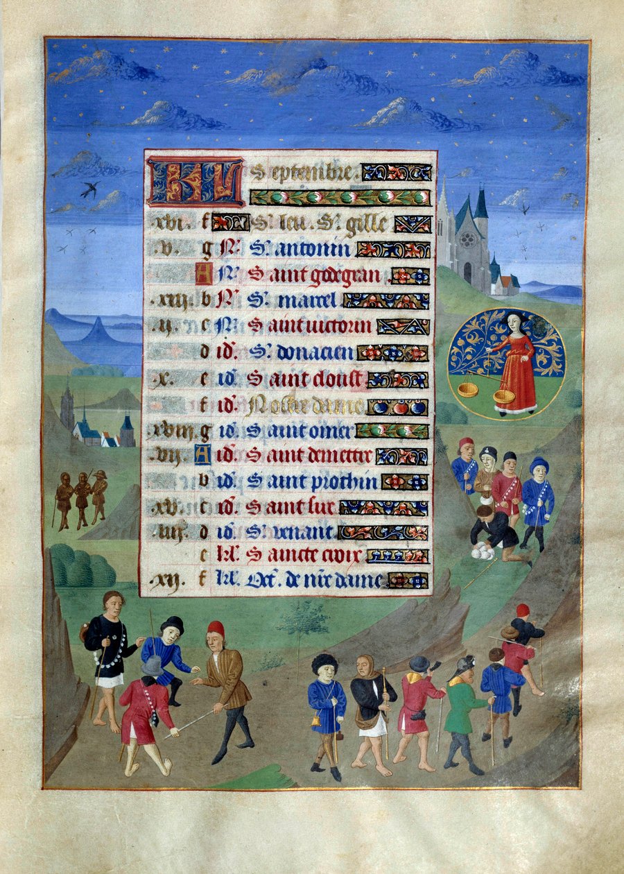 Página do calendário para o mês de Setembro. "Partida dos pelerins em viagem" Página de manuscrito iluminada do "Livro de Horas da Duquesa de Borgonha, Adelaide de Sabóia" Marie Adelaide de Sabóia (1686-1712) é a esposa do golfinho Louis Duque de de Unknown artist