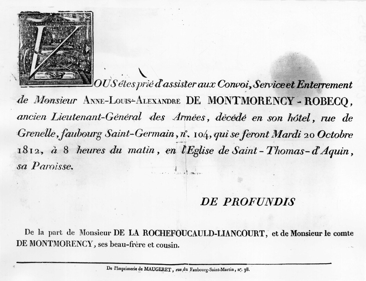 Chamada para o funeral de Alexandre de la Rochefoucauld - Arquivo da Família. de Unknown artist