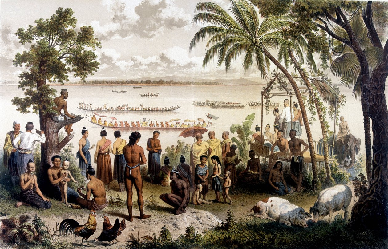 Corrida de Canoas em Bassac, Laos. Atlas da viagem de exploração à Indochina durante os anos 1866 - 1868, editado por F. Garnier de Unknown artist