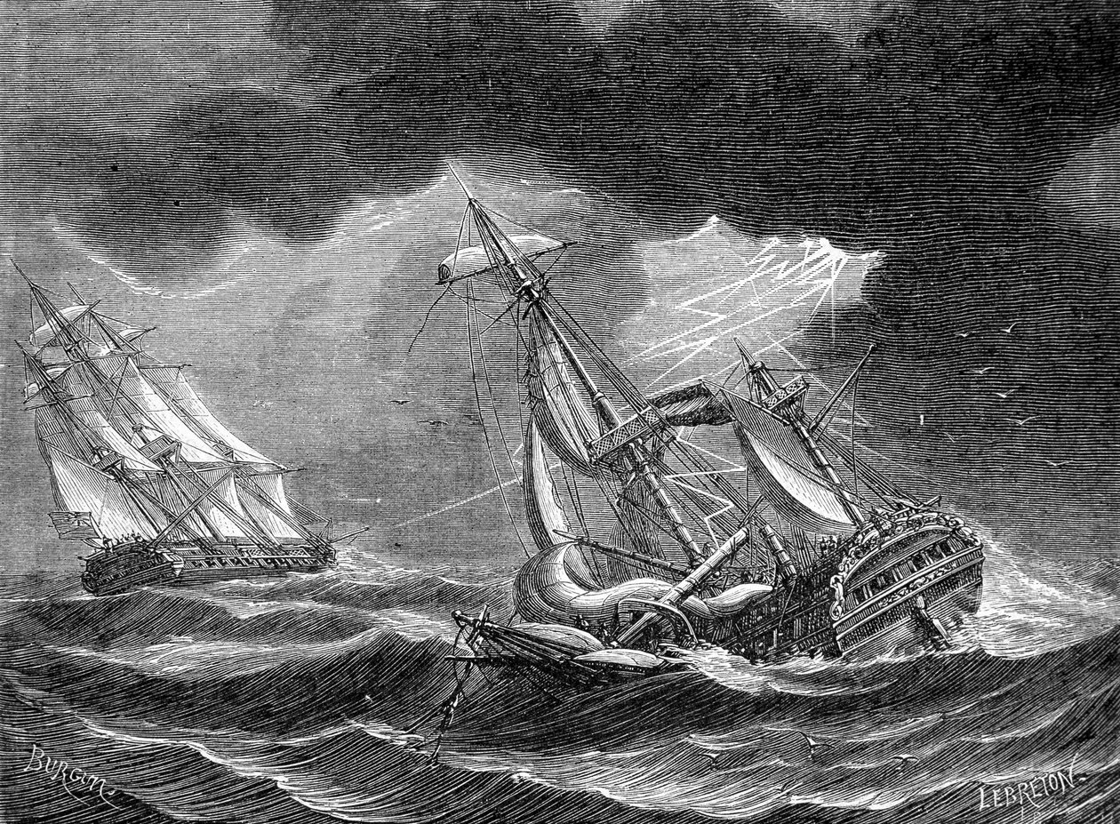 O navio do Capitão Cook poupou, graças ao seu pára-raios, perto de um navio holandês atingido por um raio - gravura de Unknown artist