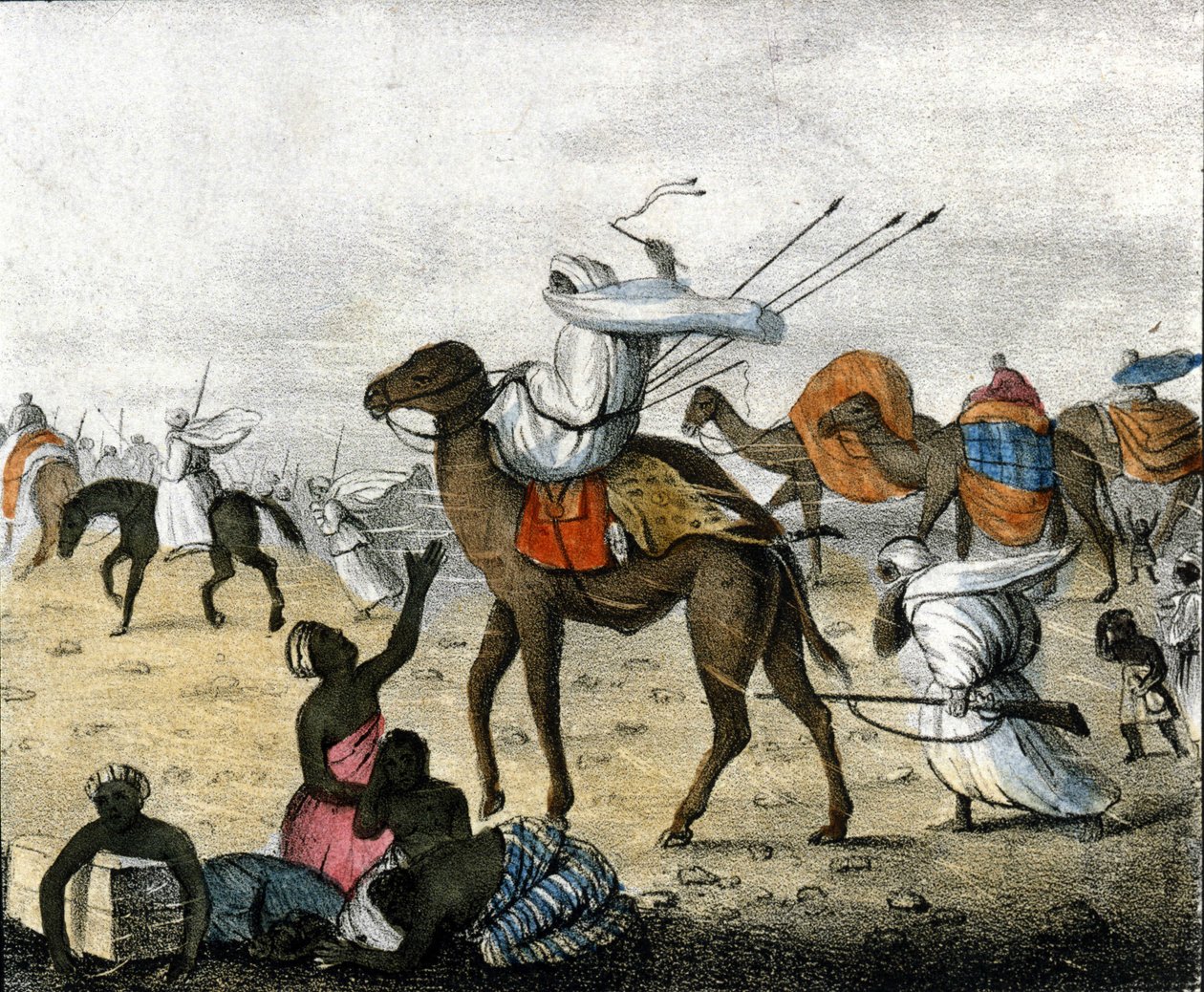 Caravana no deserto, em Marrocos, durante uma tempestade de vento. de Unknown artist