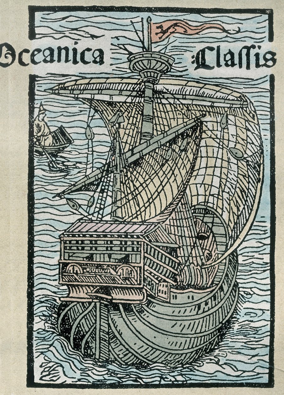 Caravela "La Pinta" da expedição de Cristóvão Colombo (gravura a cores) de Unknown artist