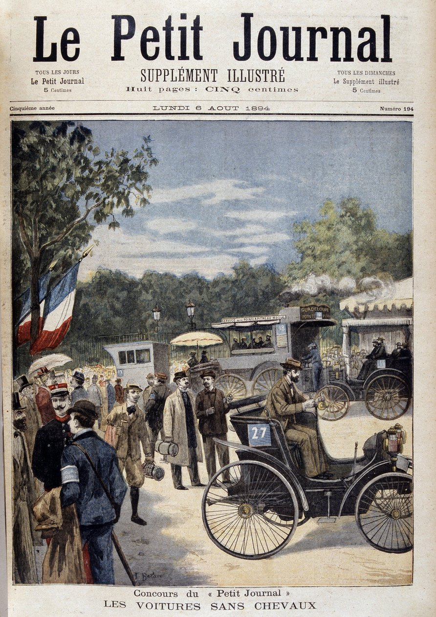Carros sem cavalos, primeiro carro Panhard Levassor - cobertura. "Le Petite Journal" de 6 de Agosto de Unknown artist