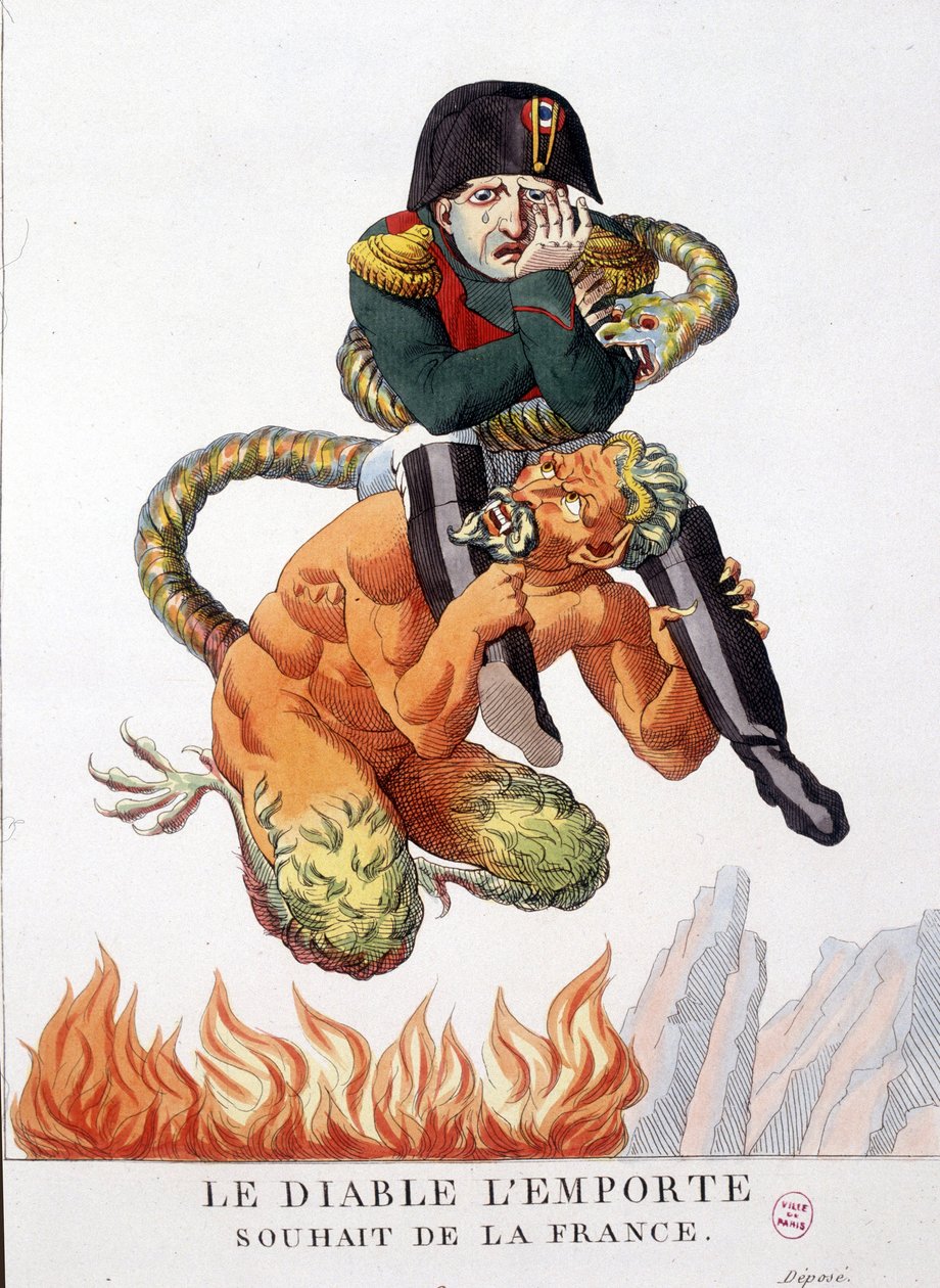Desenho animado sobre Napoleão Bonaparte transportado pelo diabo: Que o diabo prevaleça o desejo da França - em "Napoleão I, caricaturas, colecção de bonecos". 1814 - 1815. B.H.V.P. de Unknown artist