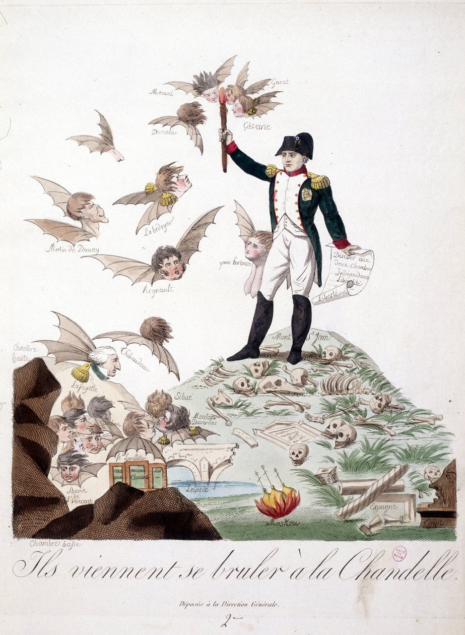 Desenho animado sobre Napoleão I retratado numa colina coberta de esqueletos e segurando uma vela que queima as asas das personagens (Merlin de douai, Regnault...) representadas em morcego. - em Napoleão I, caricaturas, colecção de bonecos. 1814 - 1815. B. de Unknown artist