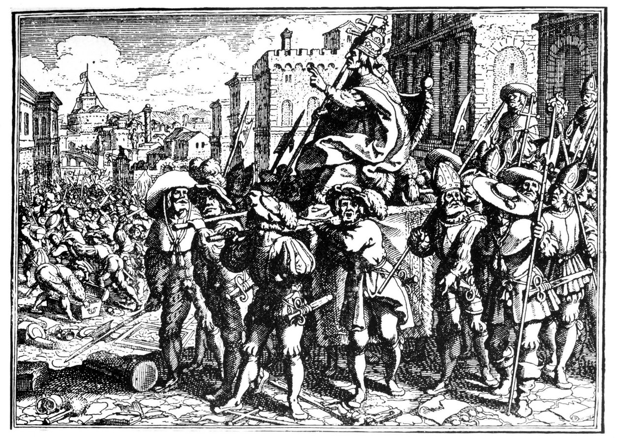 Desenho animado sobre o Papa Inocêncio I durante a invasão e pilhagem de Roma por Alarico I, Rei dos Visigodos, em 410 (Sagrado de Roma). Gravura - em "A Crónica de Goffredo". de Unknown artist