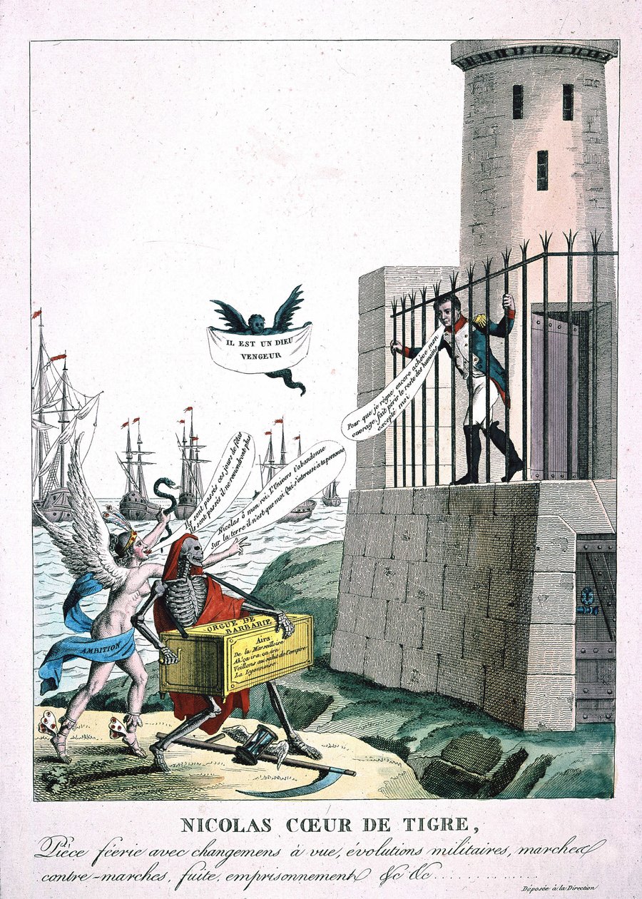 Desenho animado contra Napoleão I com personificação da ambição e da morte, c. 1815 de Unknown artist
