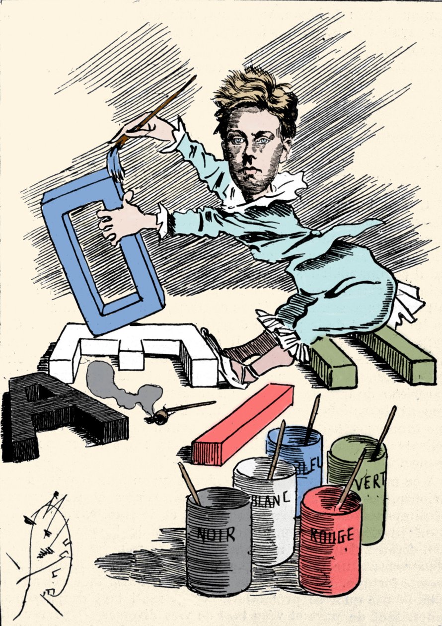 Desenho animado representando o poeta Arthur Rimbaud (1854-1891) cobrindo letras do alfabeto com pintura. Gravura de "Homens de hoje". de Unknown artist