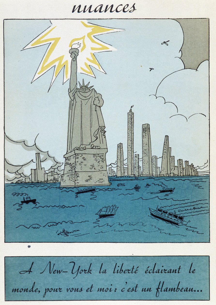 Desenho animado da Estátua da Liberdade, nos Estados Unidos: "A liberdade em Nova Iorque iluminando o mundo, para ti e para mim é uma tocha" de Unknown artist