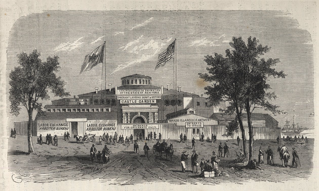 Castle Garden Immigration Centre Depot - Castle Garden emigrant Depot - New York State - Emigration Commission Establishment - Engraving in "The Illustrous Universe" of 1869 de Unknown artist