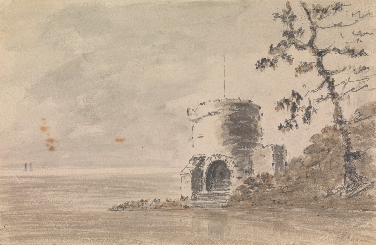 Ruína do Castelo em Cena de Paisagem com um Lago de Unknown artist