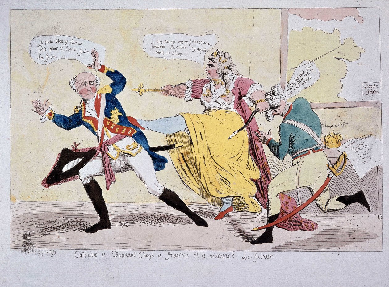 Catherine-II dando licença a François e Brunswick the Foireux, caricatura, final do século XVIII de Unknown artist