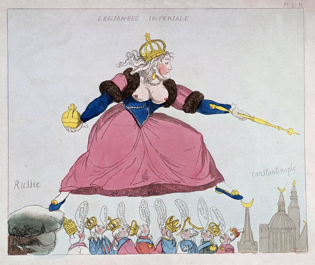 Catherine-II saltando da Rússia para Constantinopla sobre os soberanos europeus, caricatura, final do século XVIII de Unknown artist