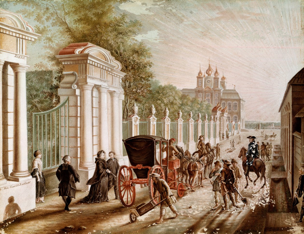 Catarina II ou Catarina Alexeievna (1729-1782) deixou o Palácio Peterhof antes de ser coroada Imperadora em 1762. Litografia do final do século XVIII. São Petersburgo. Chateau De Peterhof de Unknown artist
