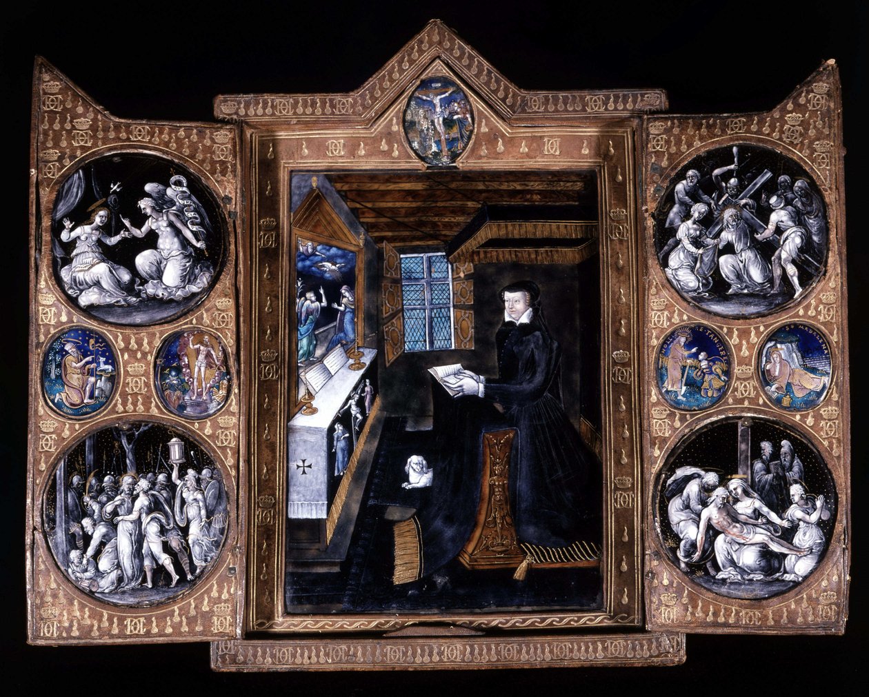 Catherine de Medicis (Caterina de Medici) (1519-1589) em oração - tríptico e-mail e couro de Unknown artist